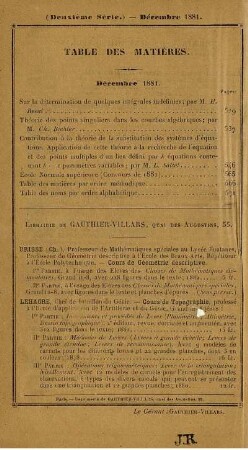 Table des matières. Décembre 1881.