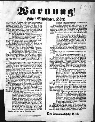Warnung! Hört! Mitbürger! Hört! Eine Schar kecker Reactionäre ... (Sammlung Friedlaender)
