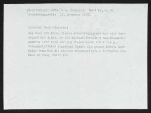 Brief von Gerhart Hauptmann an Ernst Blaicher