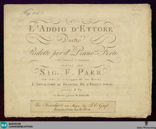 L' Addio d'Ettore : Duette Ridotto per il Pianoforte ; Parole italiane e Tedesche