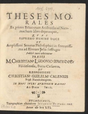 Theses Morales Ex primo Ethicorum Aristotelis ad Nicomachum libro depromptae