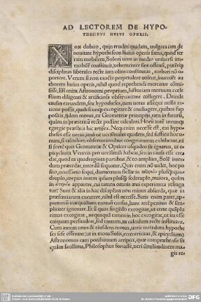 Ad Lectorem de Hypothesibus huius Operis.