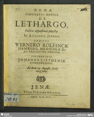 Disputatio Medica De Lethargo