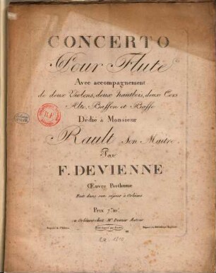 Concerto pour flûte avec accompagnement de deux violons, deux hautbois, deux cors, alto, basson et basse : oeuvre posthume