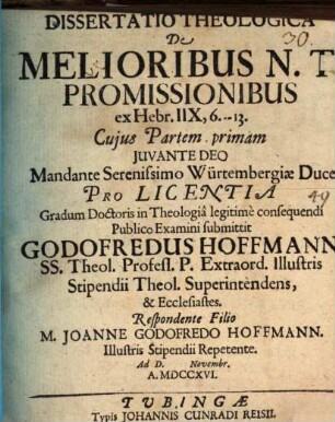 Dissertatio Theologica De Melioribus N.T. Promissionibus : ex Hebr. IIX, 6.-13.