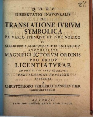 Diss. inaug. de translatione iurium symbolica ex vario itemque et iure norico
