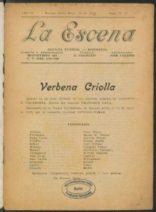 Verbena criolla : sainete en un acto, dividido en tres cuadros