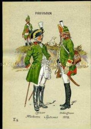 Uniformdarstellung, Offizier und Unteroffizier eines Freikorps, Preußen, 1778. Tafel II 2 aus Manuskript "Uniformenkunde, Neue Folge, 3" von Herbert Knötel.
