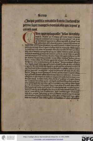 Incipit postilla notabilis fratris Anthonii de Perma super evangelia dominicalia que leguntur per circulum anni.