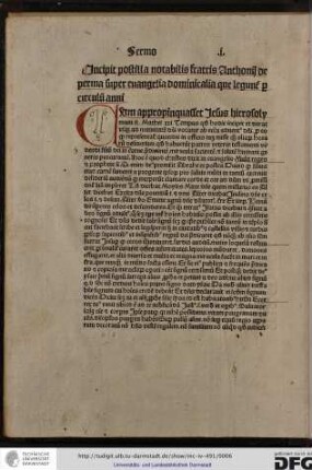 Incipit postilla notabilis fratris Anthonii de Perma super evangelia dominicalia que leguntur per circulum anni.
