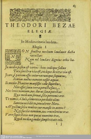 Theodori Bezae Elegiae In Mediocritatis laudem Elegia ...