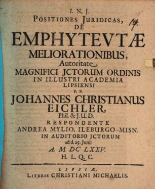 Positiones iur. de emphyteutae meliorationibus