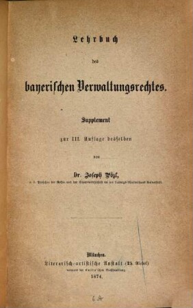 Lehrbuch des bayerischen Verwaltungsrechts. [2] : Supplement zur III. Auflage