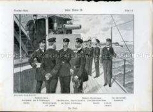 Uniformdarstellung, Stabshoboist, Ober-Steuermanns-Maat und Seekadett in Parade-Uniform, Kapitän-Leutnant, Ober-Bootsmann und Torpedo-Ingenieur in Kleiner Uniform, Korvetten-Kapitän im Jackett und Matrosen in Exerzier-Uniform, Deutsches Kaiserreich, 1910/1912. Tafel 14 aus: Knötel: Deutsches Reich, Unsere Marine III.