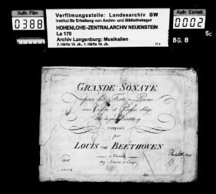 Ludwig van Beethoven: Grande Sonate / pour le Forte-Piano / avec Violon et Basse obligé / tirée du grand Quintetto op. / composée / par / L.v. Beethoven / [Op. 4, nach Oktett Op. 103] Vienna, Artaria et Comp.