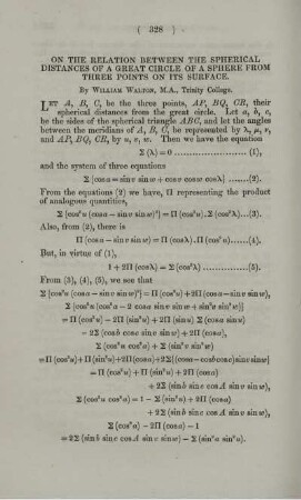 On the relation between the spherical distances of a great circle of a sphere from three points on its surface.