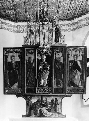 Flügelaltar : Flügelaltar. Holz, bemalt, z. T. geschnitzt, gefaßt (1521; Krakauhintermühlen). Krakauhintermühlen, Filialkirche Sankt Ulrich
