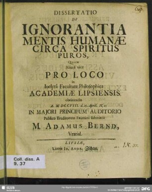 Dissertatio De Ignorantia Mentis Humanae Circa Spiritus Puros