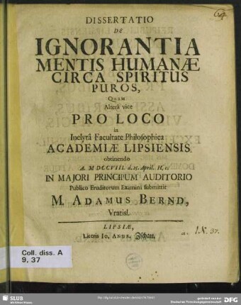 Dissertatio De Ignorantia Mentis Humanae Circa Spiritus Puros