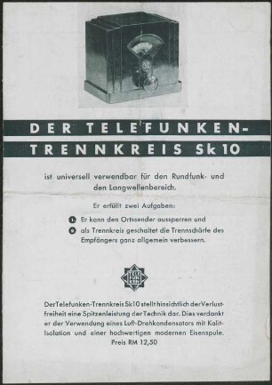 Werbeprospekt: Der Telefunken Trennkreis Sk 10