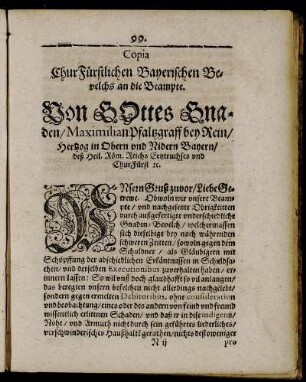 Copia ChurFürstlichen Bayerischen Bevelchs an die Beampte
