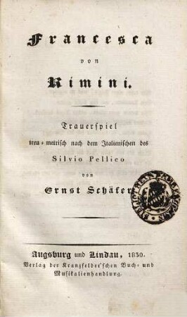 Francesca von Rimini : Trauerspiel = Francesca da Rimini