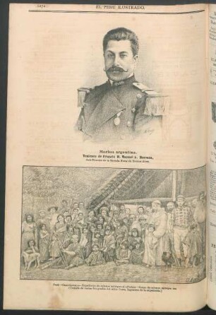 [Vista de] Perú - Chanchamayo - Expedición de colonos militares al "Pichis" - Grupo de colonos, salvajes etc. : (Tomado de varias fotografías del señor Pérez, Ingeniero de la expedición.)