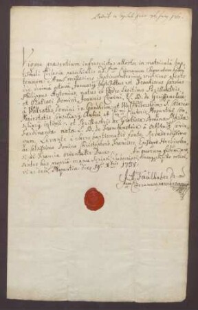 Taufzeugnis des Franz Karl Philipp Anton Greiffenclau von Vollrads (geboren 1726 Januar 18).