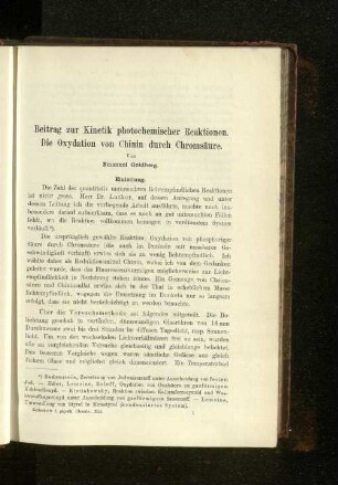 Beitrag zur Kinetik photochemischer Reationen. Die Oxydation von Chinin durch Chromsäure.