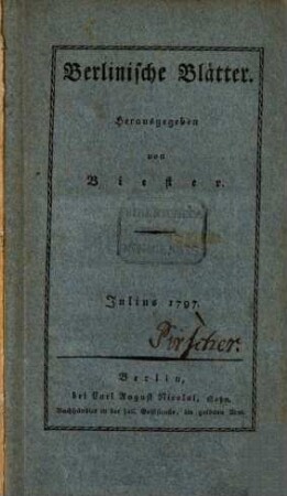 Berlinische Blätter. 1,1, [1, 1]. 1797