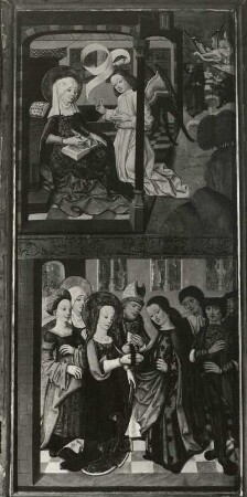 Bützow. Kirche St. Maria, Johannes und Elisabeth. Altarschrein (gestiftet 1503). Gemälde linke Seite: Botschaft des Engels an Joachim und Anna (oben) und Verlobung Mariä mit Joseph (unten)