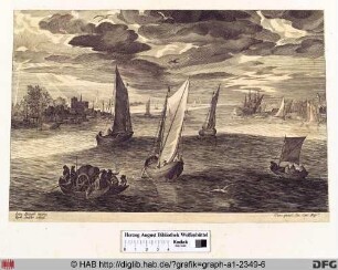 Vier Segelboote und eine Barke mit einer Kutsche in der Nähe eines Hafens