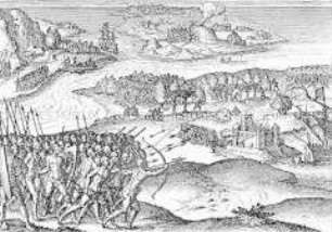 Mohren stürmen das Kastell Nassau und bekriegen die Holländer - Buchseite aus de Bry, India II