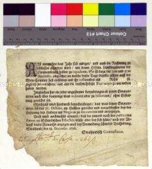 Verordnung des Stralsunder Kommissariats betreffend Liquidationen für die Einquartierung und Verpflegung der Truppen während der Belagerung der Stadt