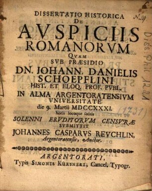 Dissertatio Historica De Avspiciis Romanorvm