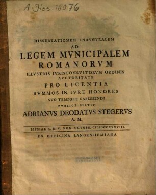 Dissertationem inauguralem ad legem municipalem Romanorum