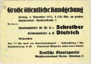 Ankündigung einer Veranstaltung der Deutschen Staatspartei am 4. November 1932 in Berlin zur bevorstehenden Reichstagswahl