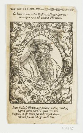 Bildnis Züricher Professor Johann Fries in Zierrahmen, Blatt aus "Dictionarium Latinogermanicum", Frisius, Froschauer, Zürich 1568