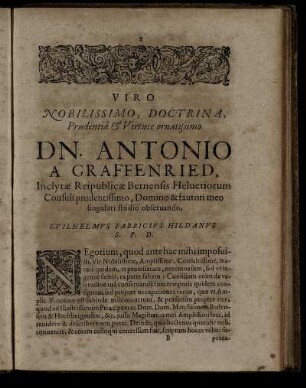 Viro Nobilissimo ... Dn. Antonio A Graffenried, Inclytae Reipublicae Bernensis Helvetiorum Consuli ...