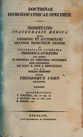 Doctrinae homoeopathicae specimen : Dissertatio inauguralis medica