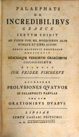 Palaephati De Incredibilibvs : Graece