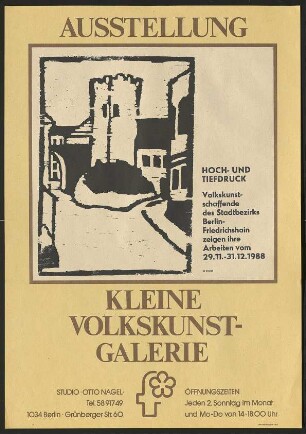 Ausstellungswerbung: "Hoch- und Tiefdruck. Volkskunstschaffende des Stadtbezirks Berlin-Friedrichshain zeigen ihre Arbeiten" von 29.11. bis 31.12.1988