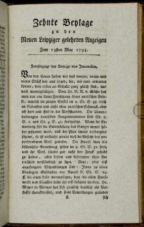 Zehnte Beylage zu den Neuen Leipziger gelehrten Anzeigen. Zum 15ten May 1795.