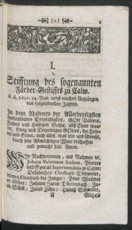 I. 1. Stifftung des sogenannten Färber-Gestiffts zu Calw.