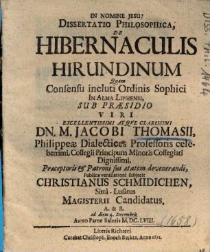 Dissertatio philosophica de hibernaculis hirundinum