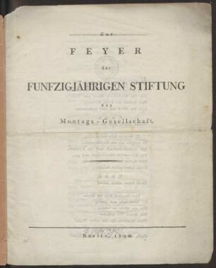 Zur Feyer der Funfzigjährigen Stiftung der Montags-Gesellschaft