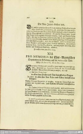 XLI. Pro Memoria der Chur-Maynzischen Deputation in Erklärung auf die Mediatorische Vorschläge sub dato 2. huj. dd. 6. Oct. 1754