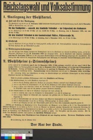 Bekanntmachung der Stadt Braunschweig zur Organisation der Reichstagswahl und Volksabstimmung am 12. November 1933