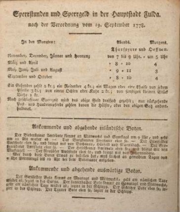 Sperrstunden und Sperrgeld in der Hauptstadt Fulda, nach der Verordnung vom 19. September 1778.