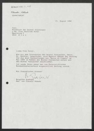 Brief an Gertrude Auner an Wiener Staatsoper, 21.08.1992